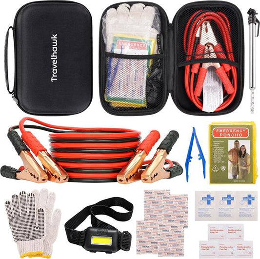 Travelhawk Car Emergency Kit - Kit d'urgence en cas de panne de voiture - Comprend des câbles de démarrage, une lampe frontale - 10 pièces - Noir