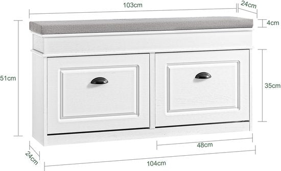 SoBuy FSR64-WG Meuble à chaussures, banc à chaussures, chaussures, entrée, 2 abattants avec coussin amovible, boîte de rangement, étagère pour entrée étroite, 104 x 24 x 51 cm, effet bois antique, blanc