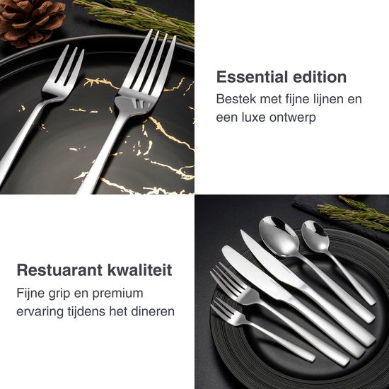 Deleca 8 Person Cutlery Set Essential (48 pieces) - Spoons, Knives, Forks, Steak Knives & Pastry Forks - Dishher Safe Cutlery - Shiny Silver / Stainless Steel