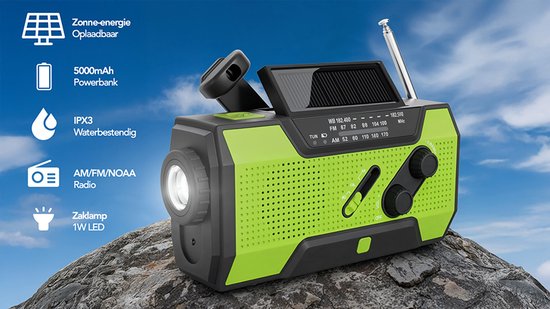 Radio d'urgence Brixy - Radio avec batterie pour les urgences - 5000 MAH - rembobinable - solaire - lampe de poche - Powerbank - vert