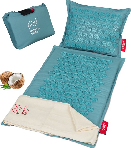 Northwall Nail Mat avec oreiller et sac de transport - Matelas d'acupression avec oreiller pour les ongles - Lit pour les ongles - Acupuncture - Méditation - Massage Shakti - Bleu