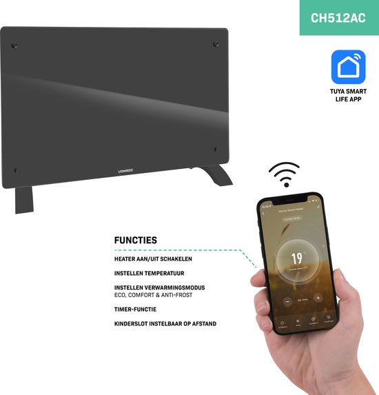 Chauffage électrique - VONROC - Convecteur avec panneau en verre - 1000W/2000W - Chauffe les pièces jusqu'à 24m2 - Contrôlé par l'application (via Wifi) et manuellement - Thermostat et minuterie réglables - Gris