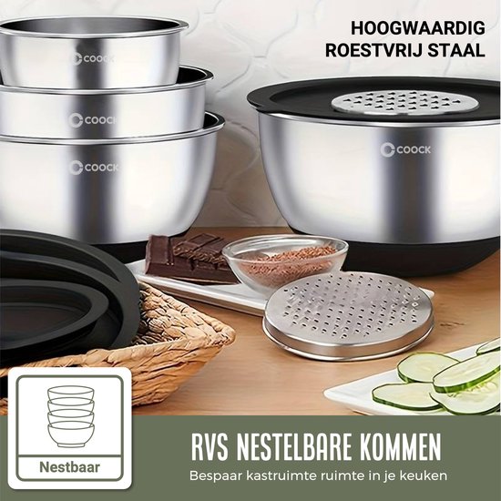 COOCK inox - Set de bols à mélanger avec couvercle - Bols à frire avec couvercle - Bol de stockage avec râpe - Bol pour salades et mélanges - Set de 22 pièces de 1,5 à 5 litres - Cuillères à mesurer incluses