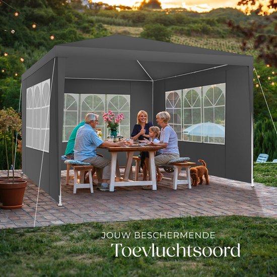 tectake® Pavillon Barinas - Tente de réception 3x3 m - Bâche imperméable avec 3 panneaux latéraux amovibles - Pavillon de jardin résistant aux intempéries - Lignes de tension et piquets inclus - Gris