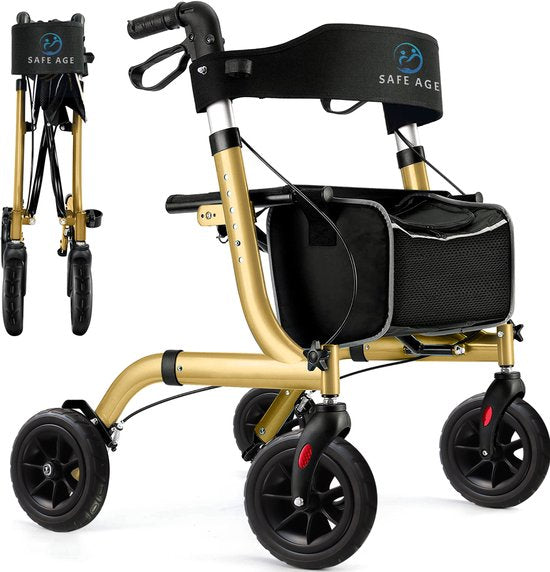 Safe Life® Rollator léger et pliable - fonction assise - intérieur et extérieur - dossier et support pour canne - Or