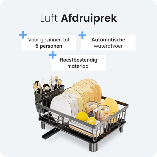 Luft Egouttoir avec plateau d'égouttage - Egouttoir à vaisselle - Egouttoir à vaisselle - Noir - Tapis d'égouttage - Idéal pour la cuisine et le camping - acier inoxydable