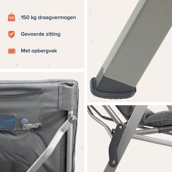 TRVLMORE Chaise de camping - Sac de transport inclus - Chaise pliante confortable - Capacité de charge de 150 kg - Chaise de camping - Rangement - Chaise pliante - Gris
