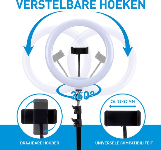 Lampe annulaire Grundig avec trépied - Lampe annulaire réglable jusqu'à 195 cm - Lampe Tiktok avec support de téléphone - Lampe annulaire pour selfie - Lampe annulaire avec 3 niveaux de lumière - Lampe de maquillage
