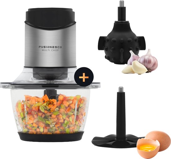 JAP Appliances Multi Chop + Expansion Pack - Hachoir avec bol en verre 600ml - Broyeur à glace, épluche-ail et batteur à oeufs - Lavable au lave-vaisselle - 400W
