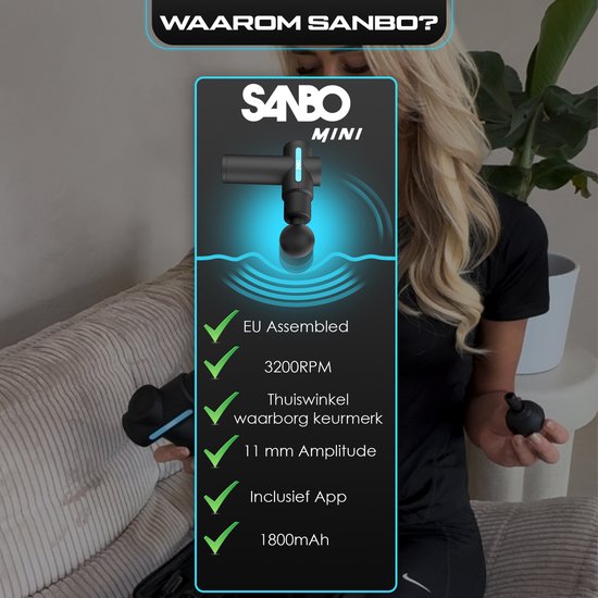 Sanbo Massage Gun Mini Gen 2 - Avec 5 accessoires et 6 étapes - Appareil de massage sportif et relaxant - Pistolet de massage - Professionnel - Noir