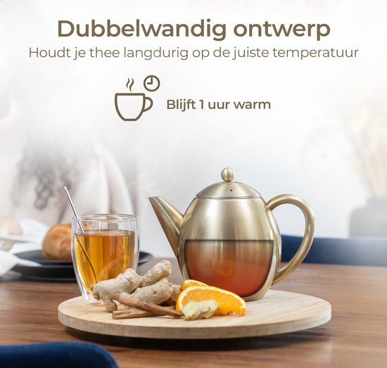Vaja® Théière Valérie Gold - Double paroi - 1,2 litre - Théière en acier inoxydable avec filtre et porte-bouilloire