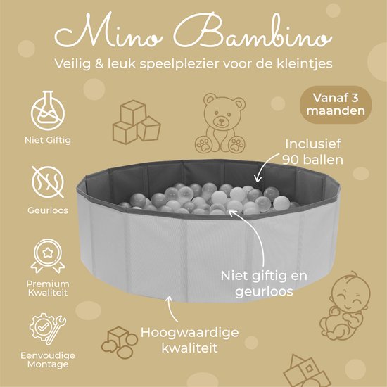 Mino Bambino Plateau à balles pliable - Contient 90 balles pour enfant - Gris