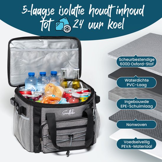 Cool Bag Large - 22 Litres - 5 Layer Insulated Picnic Bag for Adults - Lunch Bag - Grey - Sunflake