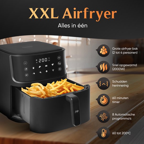 JAP Appliances Ascension - Airfryer XL - Friteuse à air chaud XXL - 2000W - Capacité 7,6L - 60ºC à 200ºC - Noir