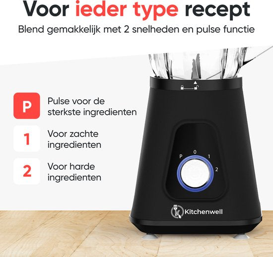 Blender - Kitchenwell - Puissant mixeur à smoothie de 1300 watts - 1,5 litre - gobelet en verre - Gobelet de sport inclus - acier inoxydable - Noir