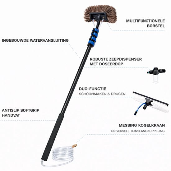 Balai télescopique Nexxt 6.5m - Grande tête de brosse - Lave-vitre télescopique - Brosse de lavage avec manche télescopique - Distributeur de savon