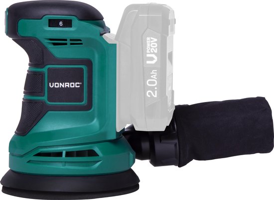 VONROC Random Orbit Sander - VPower 20V - Sans batterie ni chargeur - Ø125mm - Avec sac à poussière et 12 morceaux de papier de verre