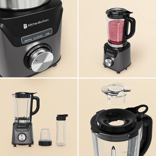 KitchenBrothers Blender avec bouteille - 1200W - 1.5L - Smoothie Maker - Ice Crusher - Gris