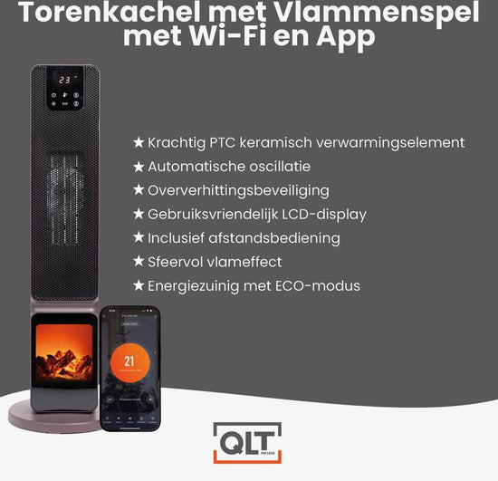 QLT Ceramic Heater with Atmosphere Fireplace - Chauffage électrique avec Wifi + App Control - Chauffage soufflant avec Swing et mode ECO - 2000W - Noir