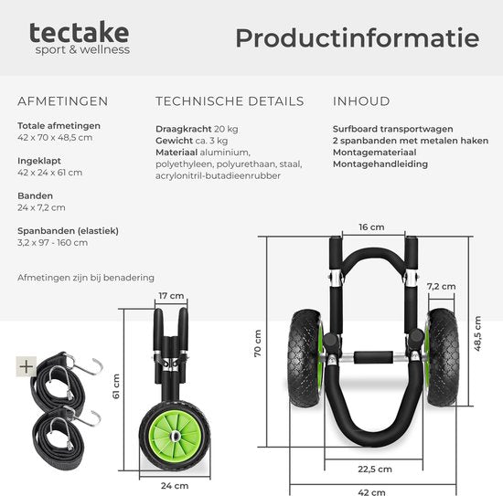 tectake® Chariot de transport pliable pour planche de surf - Espace pour 1 planche - Chariot pour planche de SUP gonflable - Chariot pour canoë ou kayak gonflable - Buggy pour Stand-up Paddle ou planche de surf