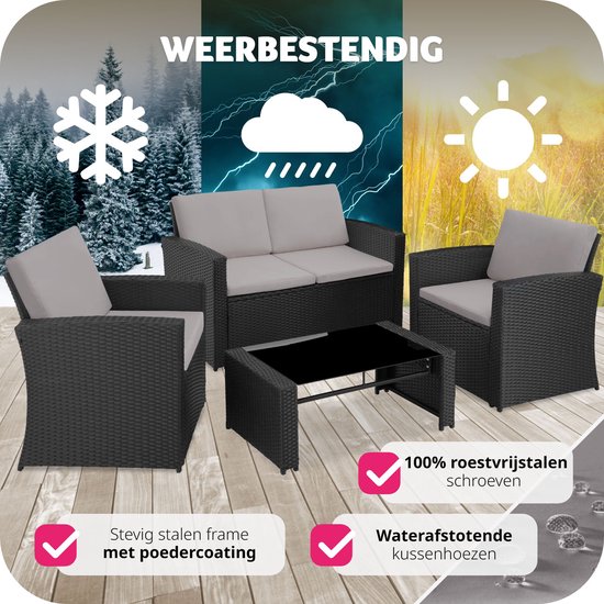 tectake® Ensemble de jardin en osier pour 4 personnes - Banc de jardin 2 places et 2 chaises de jardin - Table avec plateau en verre amovible - Coussins d'assise et de dossier confortables - Ensemble de salon pour jardin, terrasse, balcon - Noir