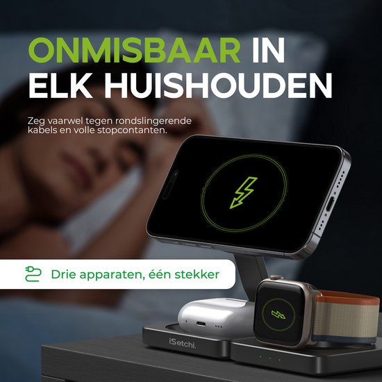 iSetchi 3-in-1 Power Base - Wireless Charger 15 W - Pliable et léger - Qi Charging Station - Câble inclus - Compatible avec Smartphone, Smartwatch & Earbuds
