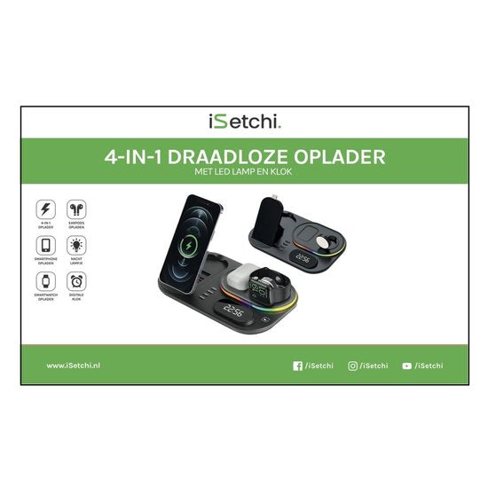 iSetchi Wireless Qi Charger 15 Watt Fast Charger (4-in-1) - Avec adaptateur Quick Charge 3.0, horloge LED et lampe LED - Station de charge Qi