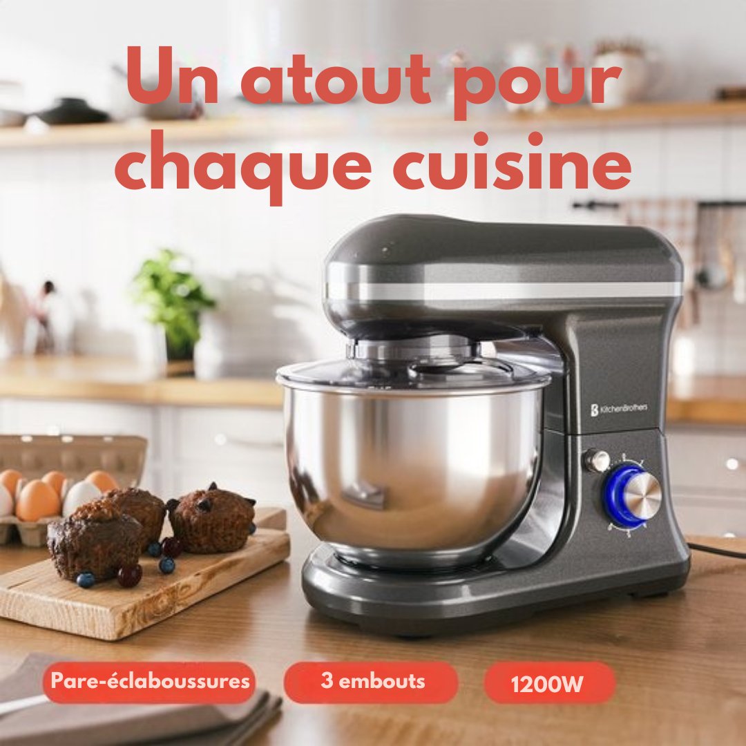 Robot de cuisine KitchenBrothers - 5L - Mixeur de cuisine - 1200W - Anthracite