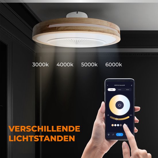 WERYOU® illuminAIR Ventilateur de plafond - Plafonnier - Ventilateur de plafond avec éclairage - Plafonnier - Lampe ventilateur - Lampe Led RGB - Télécommande incluse - Design bois