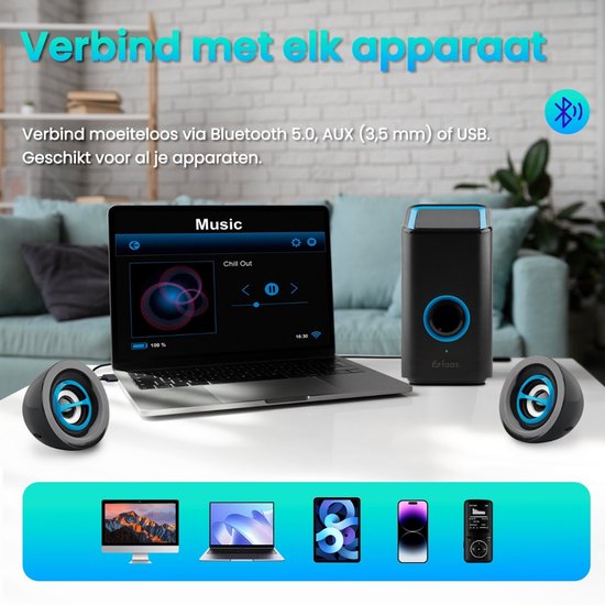 Haut-parleurs pour PC - Avec Bluetooth 5.0 - Haut-parleurs d'ordinateur - Haut-parleurs pour PC - USB-C et USB-A - Ensemble complet de 3 pièces - Ensemble de haut-parleurs - Noir et bleu - Faas