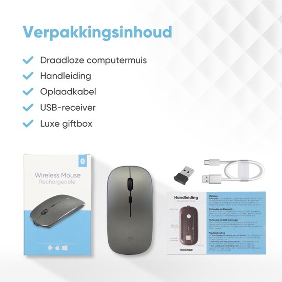 Souris sans fil Trendfield - Souris d'ordinateur rechargeable - Bluetooth - Souris ergonomique avec clic silencieux - Convient à tous les ordinateurs portables - Gris spatial