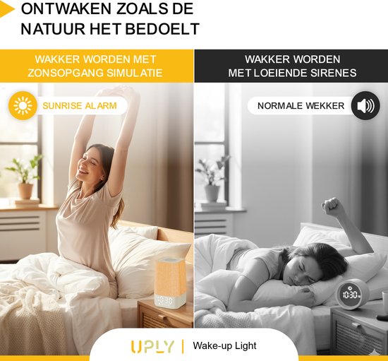 UPLY Lumière d'éveil - Avec prise de charge USB - Avec 30 sons - Réveil avec lumière - Bruit blanc - Réveil numérique