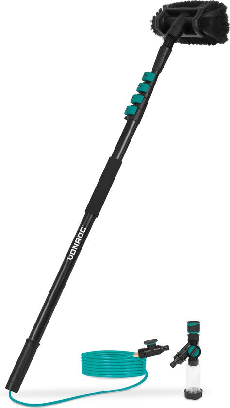Brosse à laver télescopique - VONROC - 4.60m - Tête de brosse, tuyau d'eau et distributeur de savon inclus
