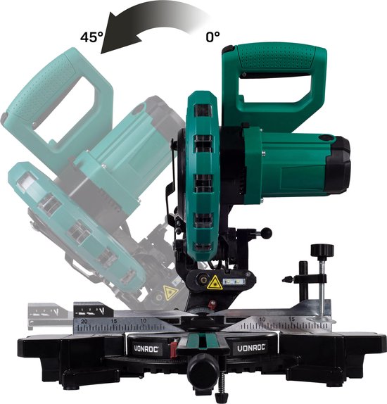 Tronçonneuse et scie à onglets VONROC avec fonction de traction - 2000W - Ø216MM - Eclairage LED sur la pièce - Laser pour une ligne de coupe parfaite - Largeur de coupe supplémentaire 340mm - Rallonges de table réglables avec butée de longueur - Lame de