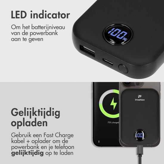 Batterie externe - imoshion - 10000 mAh - Adapté à MagSafe - Chargeur rapide 22.5W - USB C & USB A - Powerbank sans fil adapté à l'iPhone 12/13/14/15/16 - Noir