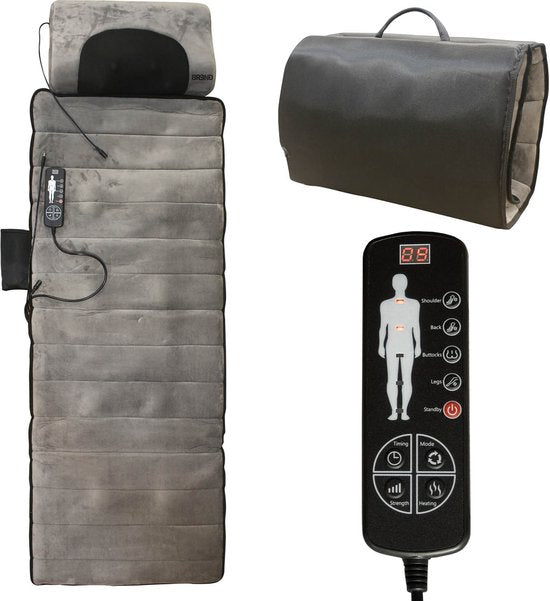 Matelas de massage électrique - BREND - Avec chaleur - 5 modes de vibration et 3 intensités - Coussin de massage - 170X55 cm - Gris