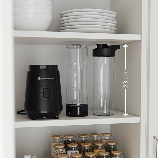 KitchenBrothers Mini Blender - Blender to Go - Smoothie Maker - 2 To-Go Cups 600 ml - Noir