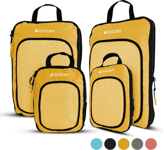 Cubes de compression Volcan - Organiseur de valise - Avec zips de compression - Sac à dos et valise - Lot de 4 - Ocre