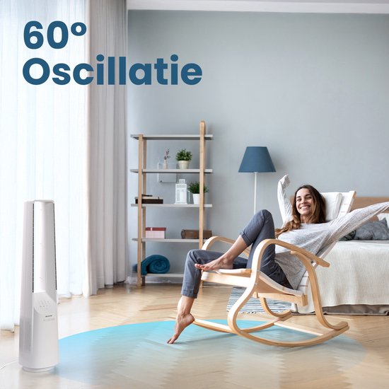 Ventilateur de tour Auronic - Modèle sans pales - Refroidisseur d'air - Ventilateur de sol - Ventilateur silencieux sur pied - 101 CM - 6 vitesses - Ventilateur - Avec minuterie - 39 dB - Blanc