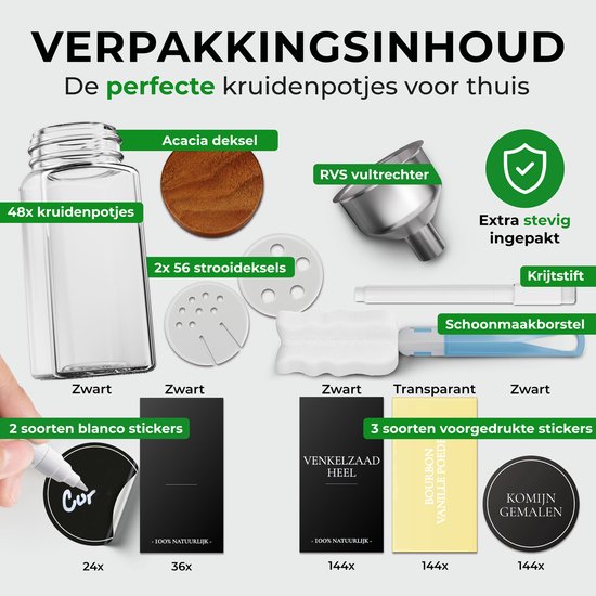 Soothe 48 pots à épices carrés en verre avec couvercle en acacia - 2 types de couvercles à saupoudrer - Spice Spreader - pots à épices - set complet avec stickers à épices, stick à craie et accessoires - 120ml