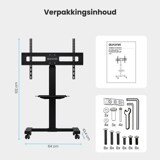 Auronic TV Stand - Pied TV - Mobile - Rotatif - Réglable - Inclinable - Roues avec frein - 32 à 75 pouces - Noir