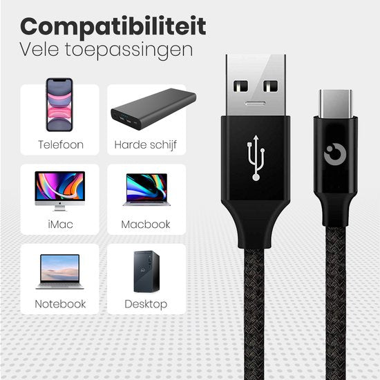 Auronic Câble USB-C - 2M - 2,4A - USB C vers USB-A - Nylon tressé - Noir