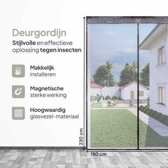 O'DADDY® Rideau de porte Deluxe FIBER - Rideau anti-moustiques magnétique - Pour les nouvelles constructions et les portes standard - Installation facile - Moustiquaire de porte noire - 150x230 cm
