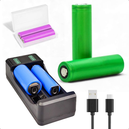Tech Essentials 2 Slots 18650 Charger With 2x 18650 Batteries 2600mAh 3.7V - 7.8A - USB-C - Li-ion 3.7V - Lithium - Holder - Battery
