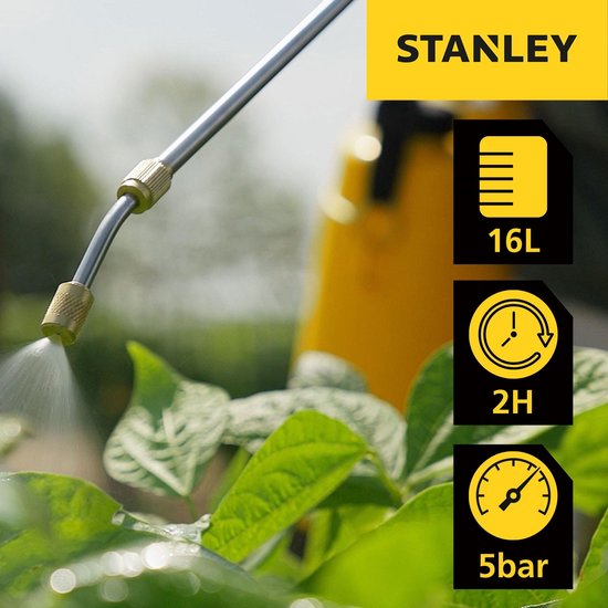 Stanley Pulvérisateur 16 L arrière, pulvérisateur arrière jardin, pulvérisateur à pression, électrique, batterie rechargeable lithium, lance télescopique, buse réglable, autonomie 2 h, max 5 bar, 0.60 l/minute, jaune/noir