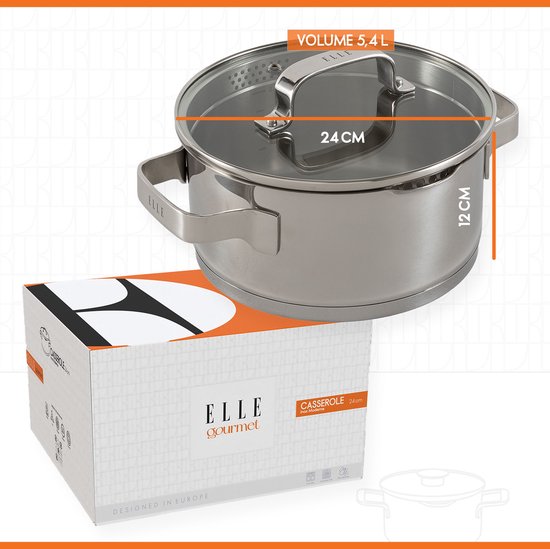 ELLE Gourmet Plaque de cuisson moderne en acier inoxydable avec couvercle - Ø 24 cm - Marmite - Sans PFAS - Induction