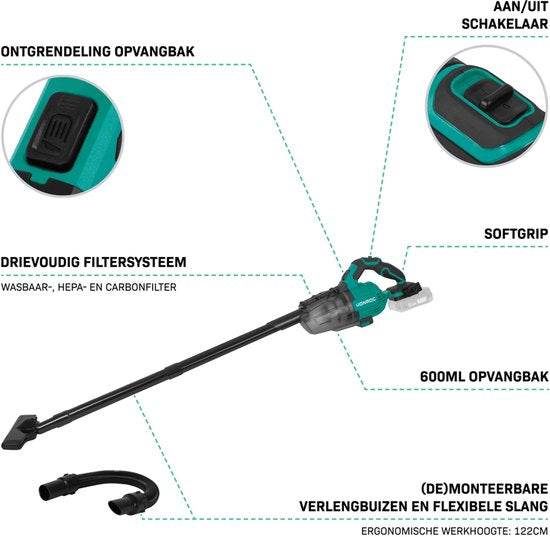 VONROC Aspirateur-balai sans fil puissant - VPower 20V - Batterie et chargeur inclus - Bac de ramassage 0,6L - 3 suceurs, 2 tubes d'extension et tuyau flexible inclus