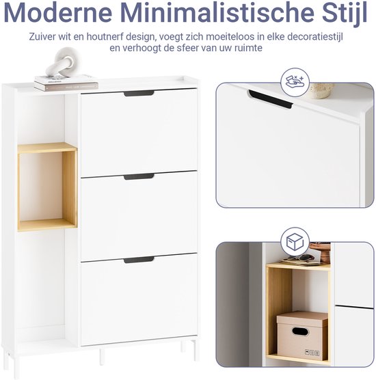 SoBuy FSR209-WN Meuble à chaussures, blanc, compact, rangement pour 9 paires de chaussures, idéal pour les petites pièces et les maisons, MDF + bambou, 90 x 19 x 129,5 cm FSR209-WN