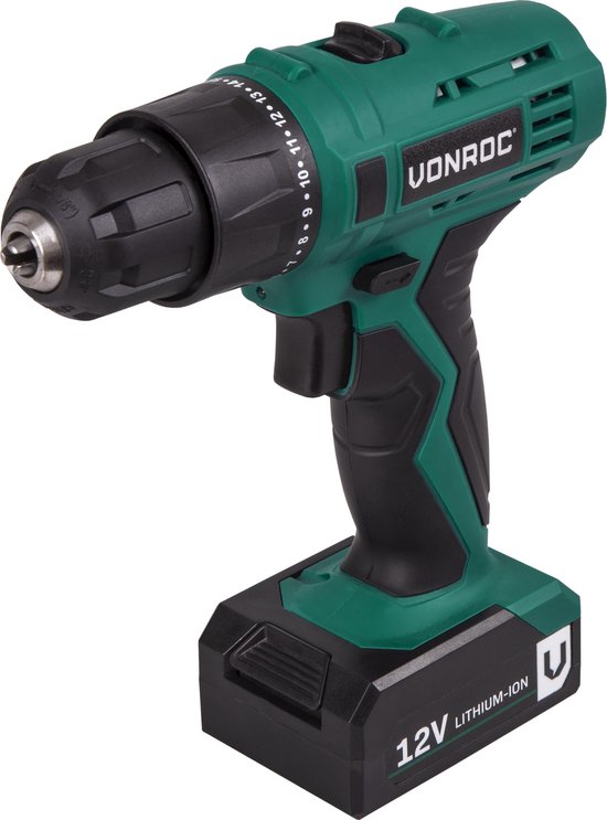 VONROC Perceuse sans fil - 12V Li-Ion - Avec mallette de rangement en aluminium, 46 accessoires, 1x batterie et chargeur