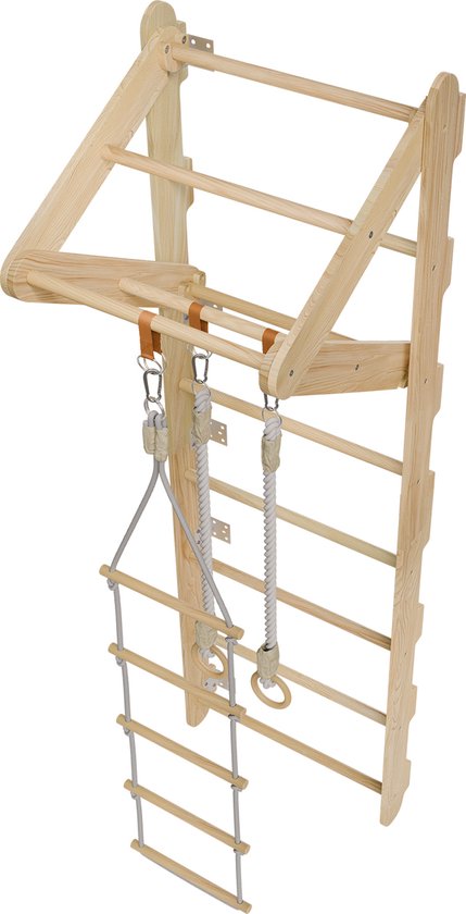 Juskys - Support mural pour enfants - 62 x 210 x 57 cm - naturel et bois - avec échelle de corde et anneaux tournants - Support d'escalade d'intérieur pour la chambre - favorise la motricité et la force